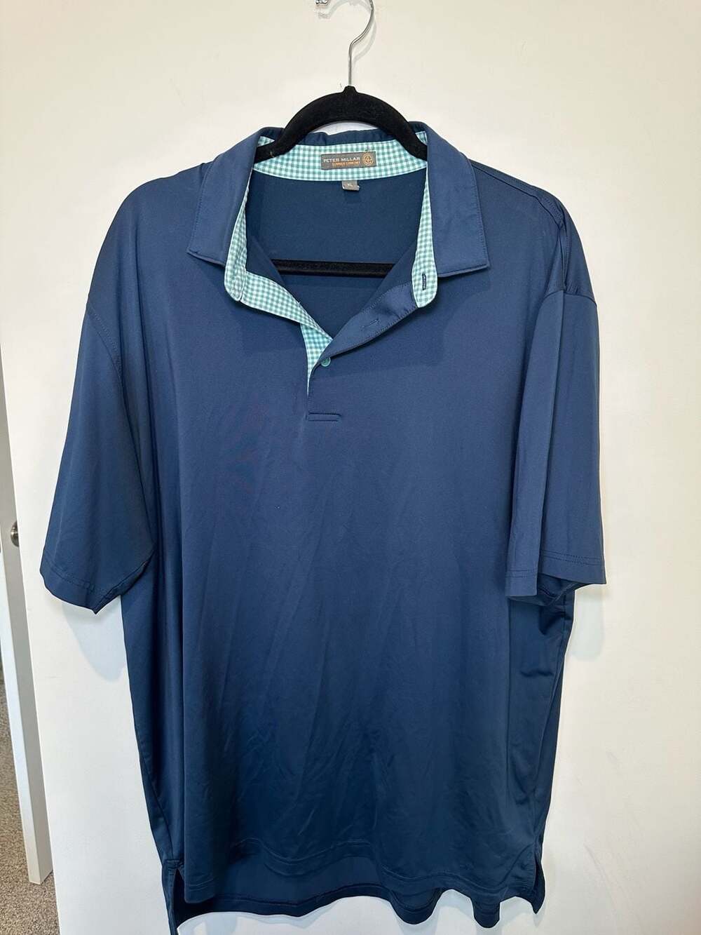 Peter Millar Summer Comfort A4 Performance Golf Polo Navy Blue XL Gingham Collar - Picture 2 of 5